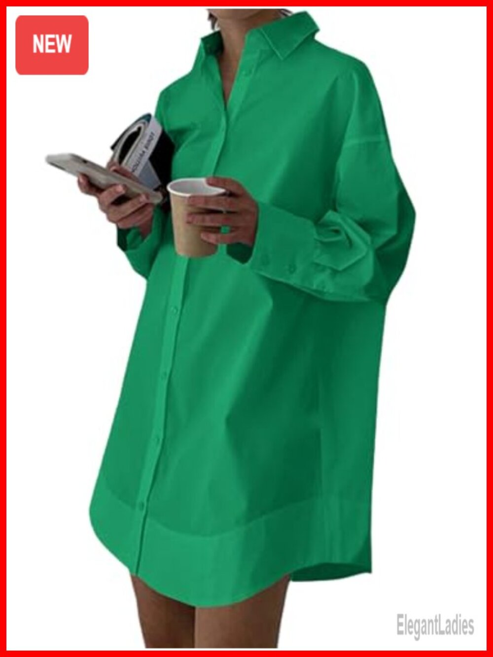 V Neck Long Sleeve Cotton Button Down Casual Shirt Dress Mini A-Line